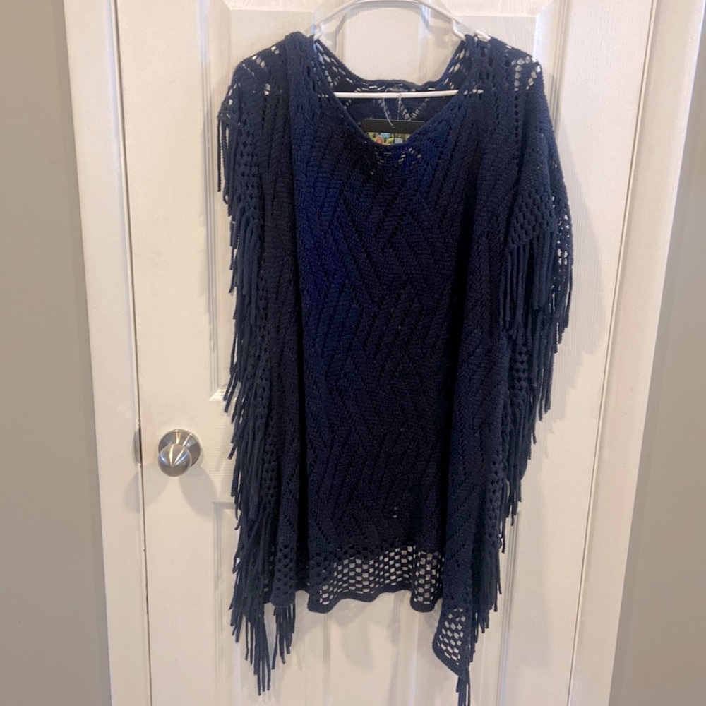 NWT Adele Navy Fringe Poncho One Size